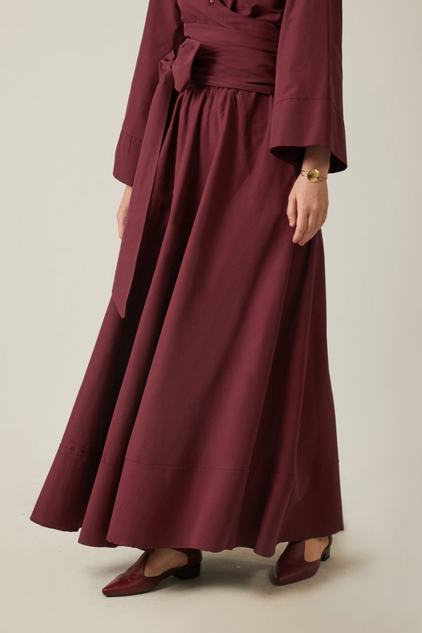 Waist Tie Poplin Skirt Set Burgundy - 5