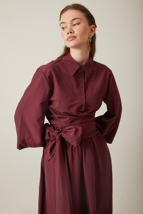 Waist Tie Poplin Skirt Set Burgundy - 1