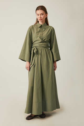 Waist Tie Poplin Skirt Set Khaki - 1