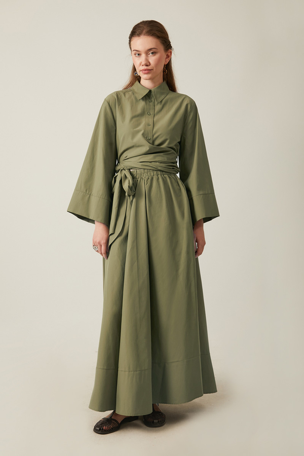 Waist Tie Poplin Skirt Set Khaki - 1