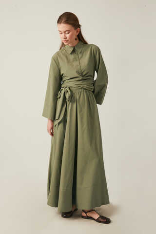 Waist Tie Poplin Skirt Set Khaki - 4