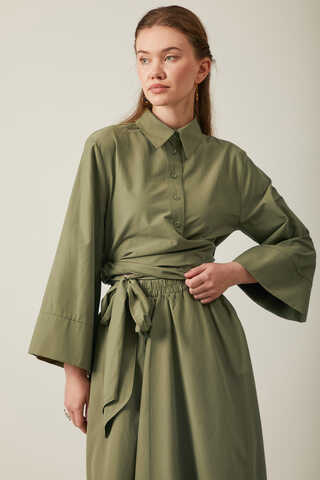 Waist Tie Poplin Skirt Set Khaki - 2