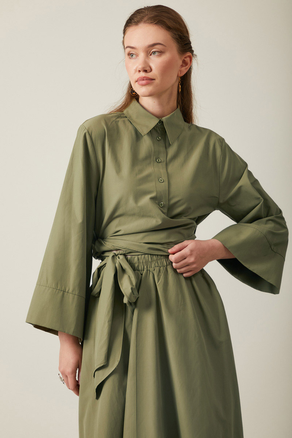 Waist Tie Poplin Skirt Set Khaki - 2