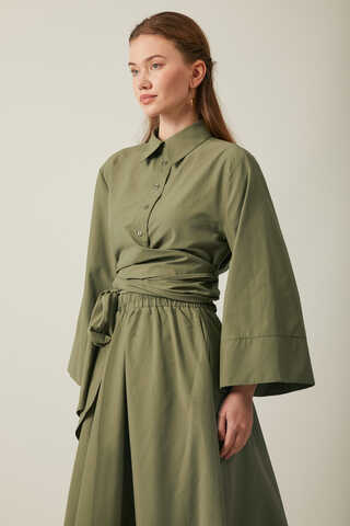 Waist Tie Poplin Skirt Set Khaki - 6