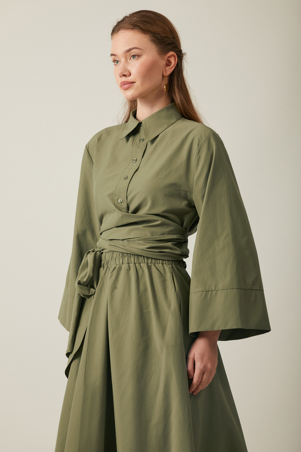 Waist Tie Poplin Skirt Set Khaki - 6