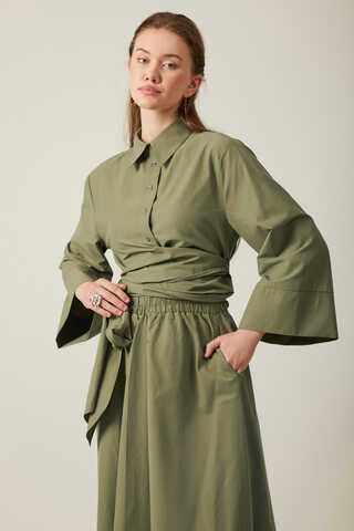 Waist Tie Poplin Skirt Set Khaki - 8