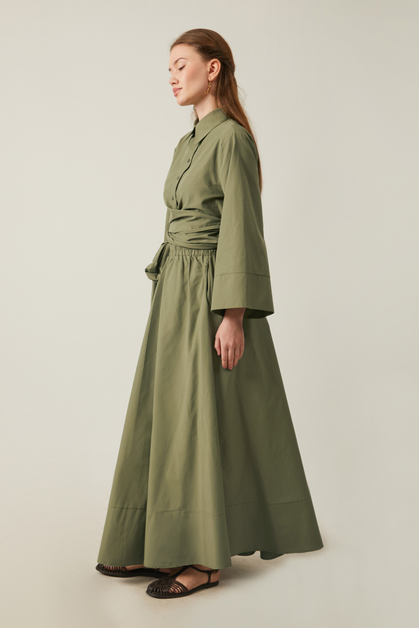 Waist Tie Poplin Skirt Set Khaki - 7