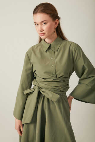 Waist Tie Poplin Skirt Set Khaki - 5