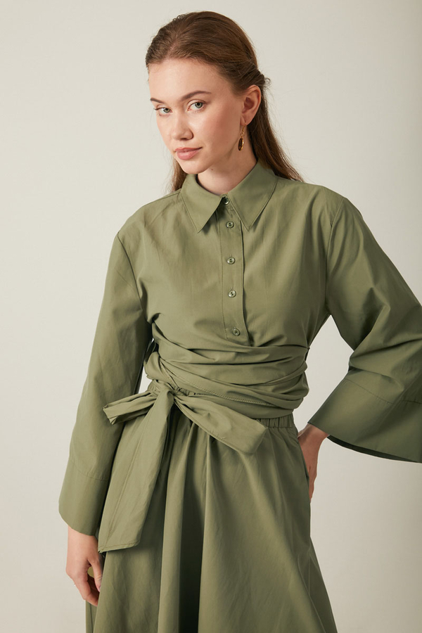 Waist Tie Poplin Skirt Set Khaki - 5