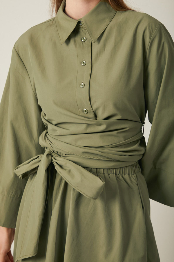 Waist Tie Poplin Skirt Set Khaki - 3