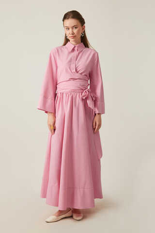 Waist Tie Poplin Skirt Set Pink  - 2