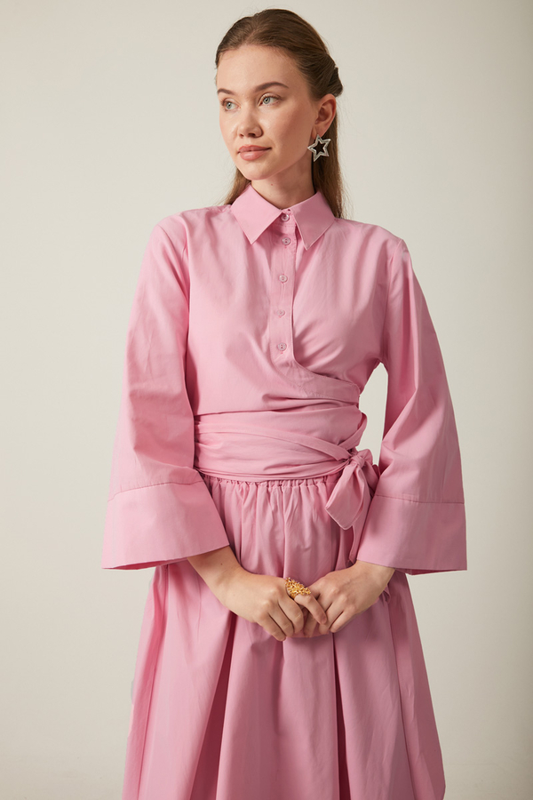 Waist Tie Poplin Skirt Set Pink  