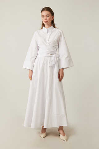 Waist Tie Poplin Skirt Set White - 1