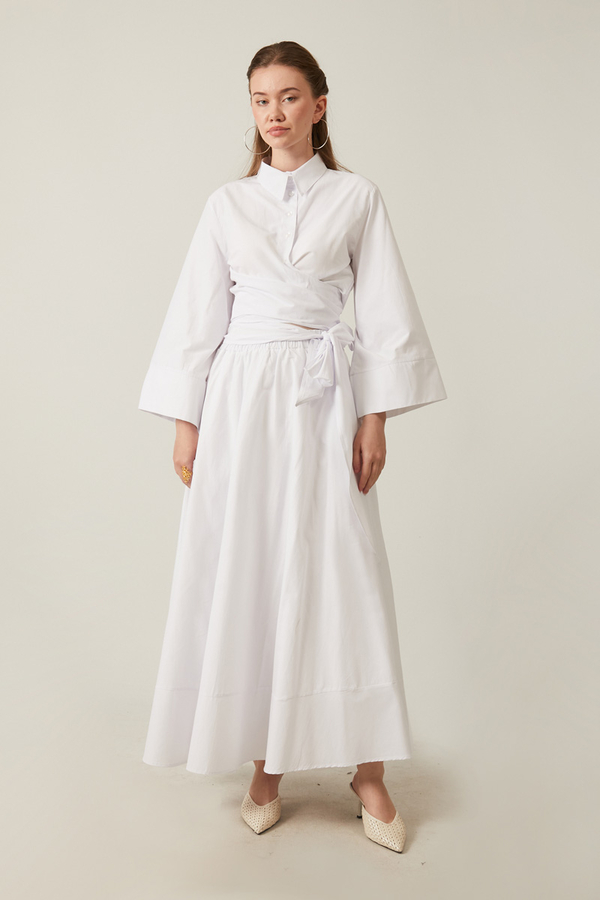 Waist Tie Poplin Skirt Set White - 1