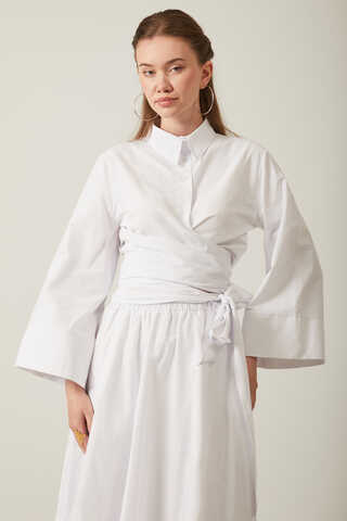 Waist Tie Poplin Skirt Set White - 3