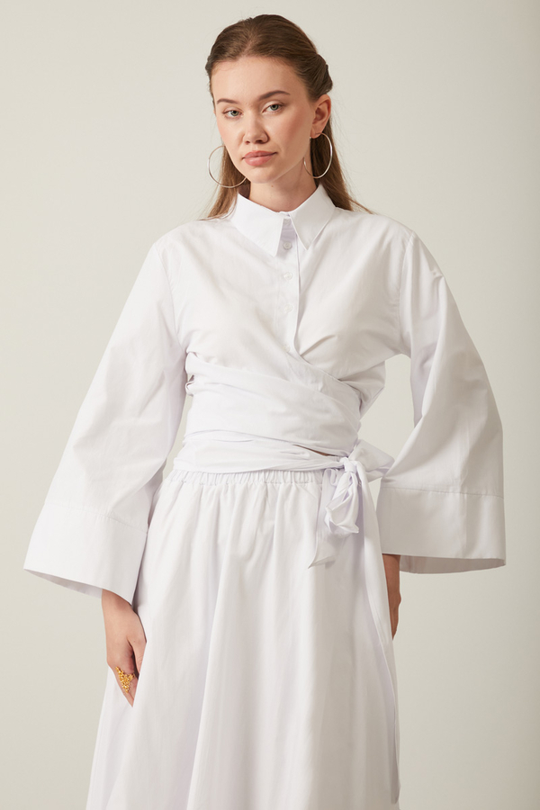 Waist Tie Poplin Skirt Set White - 3