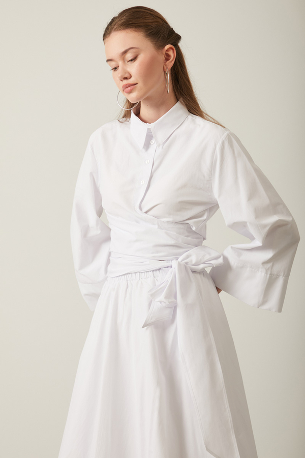 Waist Tie Poplin Skirt Set White - 5