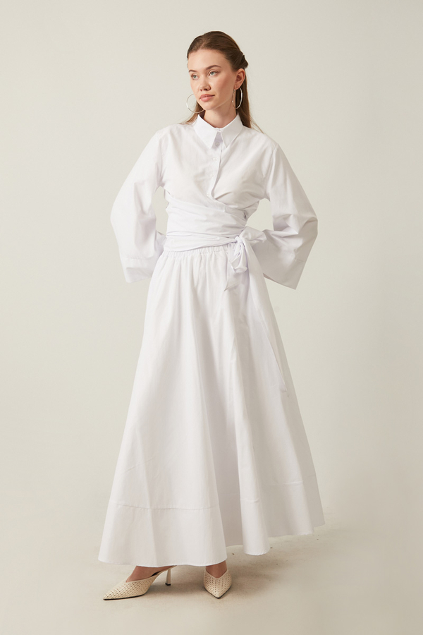 Waist Tie Poplin Skirt Set White - 4