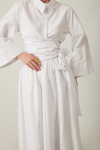 Waist Tie Poplin Skirt Set White - 2