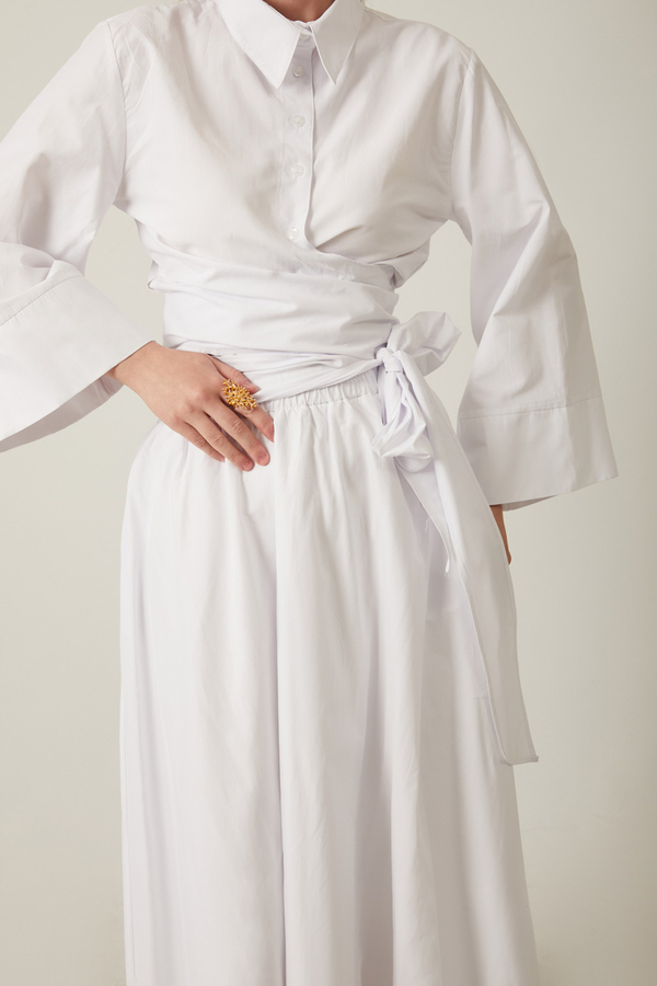 Waist Tie Poplin Skirt Set White - 2