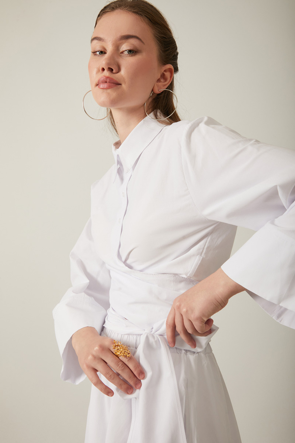 Waist Tie Poplin Skirt Set White - 7