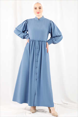 Frilly Buttoned Waist Dress Baby Blue - 1