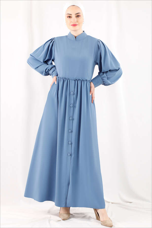 Frilly Buttoned Waist Dress Baby Blue - 1
