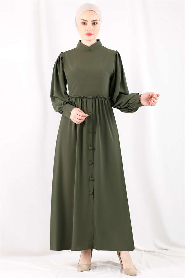 Frilly Buttoned Waist Dress Khaki - 1