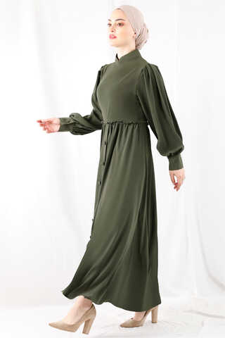 Frilly Buttoned Waist Dress Khaki - 2