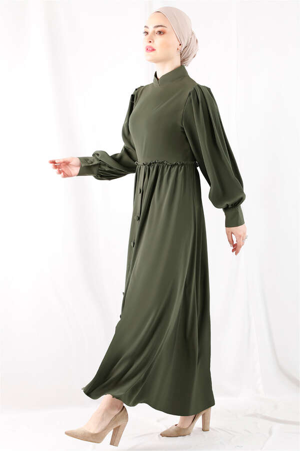 Frilly Buttoned Waist Dress Khaki - 2