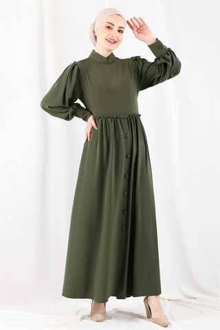 Frilly Buttoned Waist Dress Khaki - 3