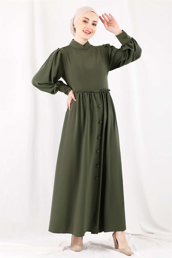 Frilly Buttoned Waist Dress Khaki - 3