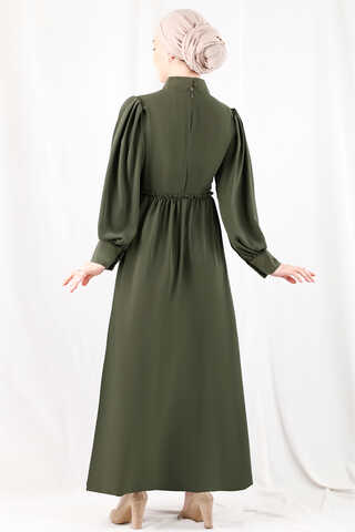 Frilly Buttoned Waist Dress Khaki - 5