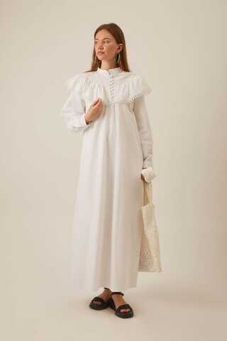 White Dress with Ruffled Yoke Detail - 5