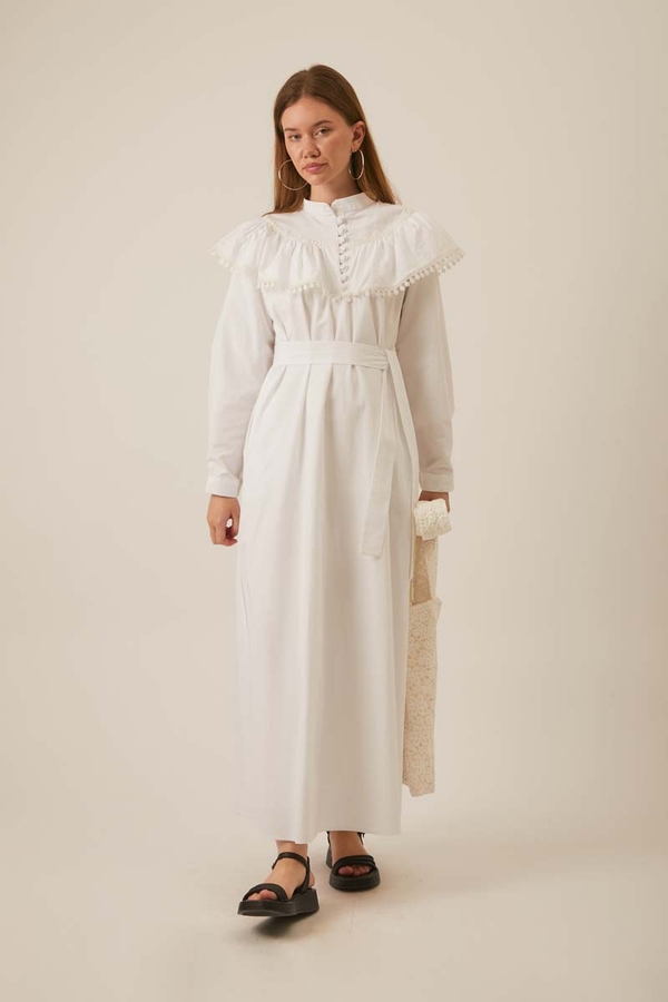 White Dress with Ruffled Yoke Detail - 8