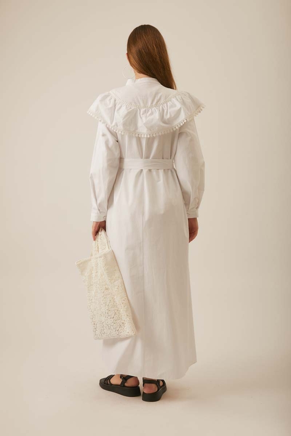 White Dress with Ruffled Yoke Detail - 11