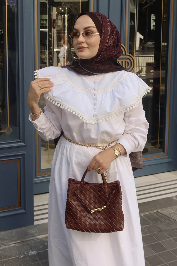 White Dress with Ruffled Yoke Detail 