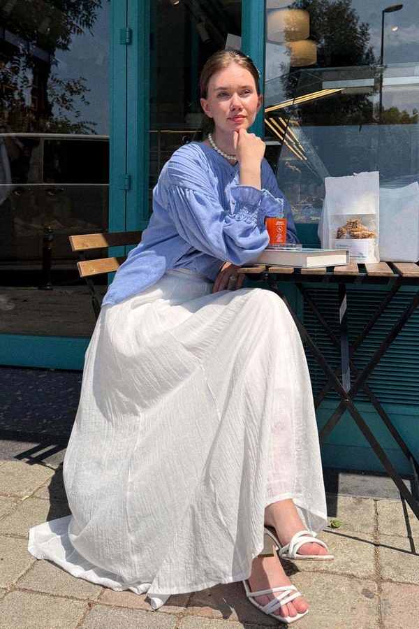 White Relaxed Skirt with Stitch Details - 1