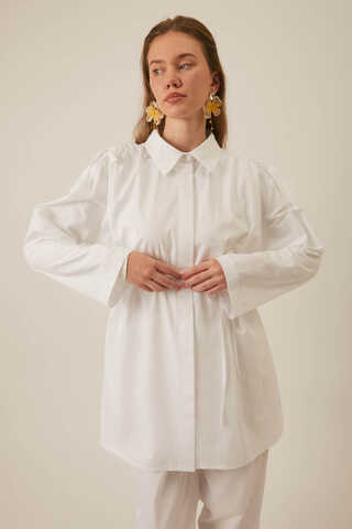 White Trouser Set with Gathered Shoulder Detail - 2