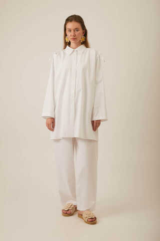 White Trouser Set with Gathered Shoulder Detail - 4