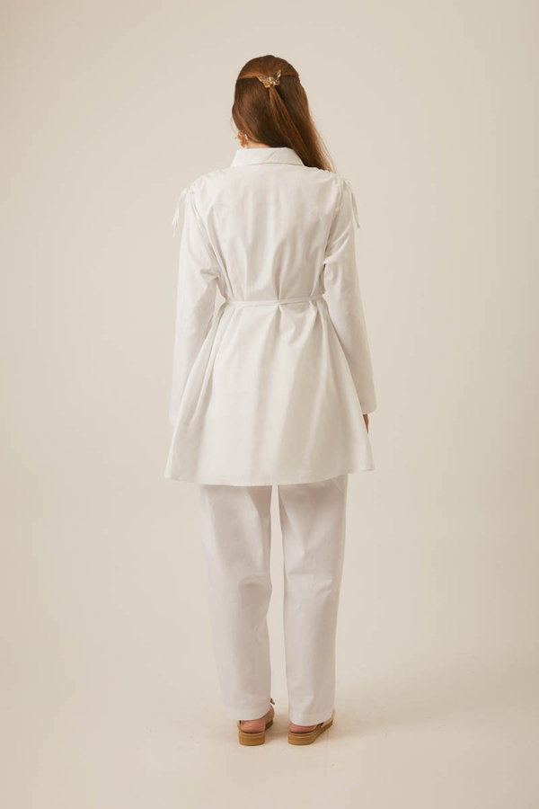 White Trouser Set with Gathered Shoulder Detail - 5