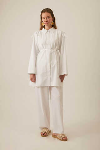 White Trouser Set with Gathered Shoulder Detail - 1