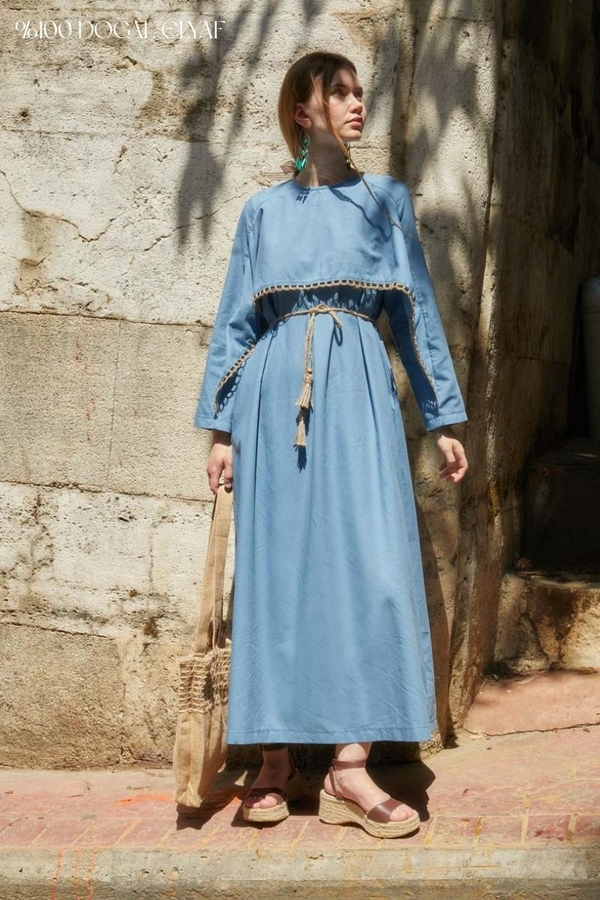 Wicker Trimmed Dilge Dress Baby Blue - 4