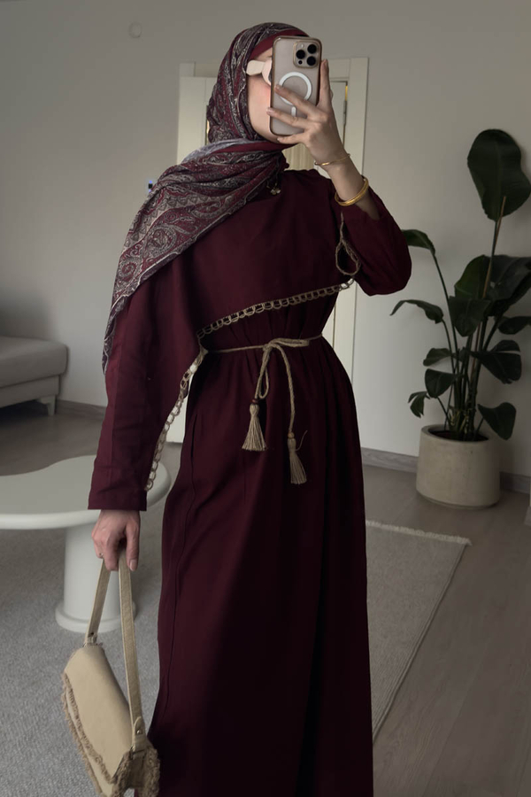 Wicker Trimmed Dilge Dress Burgundy - 2