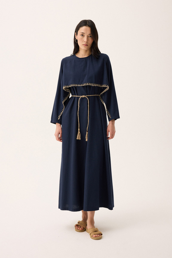 Wicker Trimmed Dilge Dress Navy Blue - 3