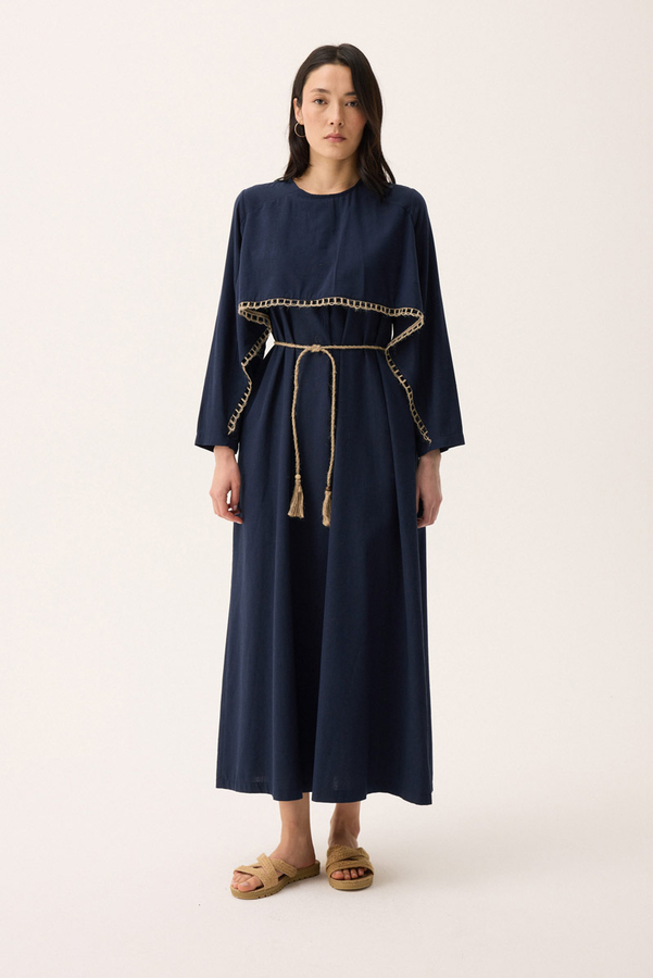 Wicker Trimmed Dilge Dress Navy Blue - 4