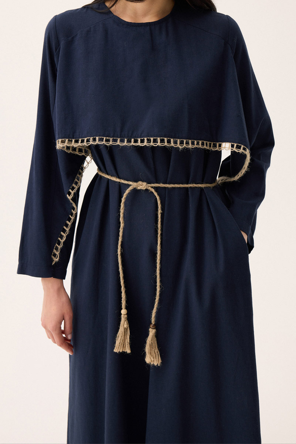 Wicker Trimmed Dilge Dress Navy Blue - 8