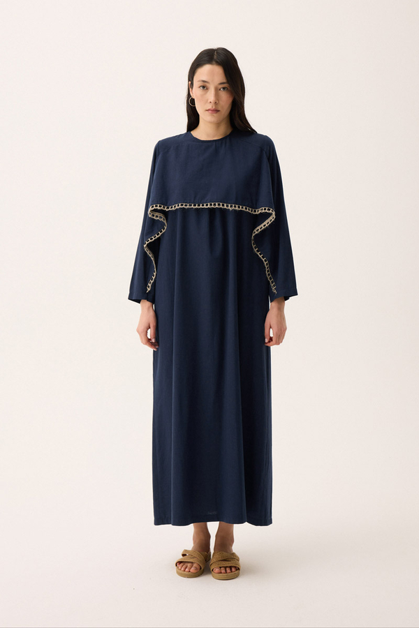 Wicker Trimmed Dilge Dress Navy Blue - 13