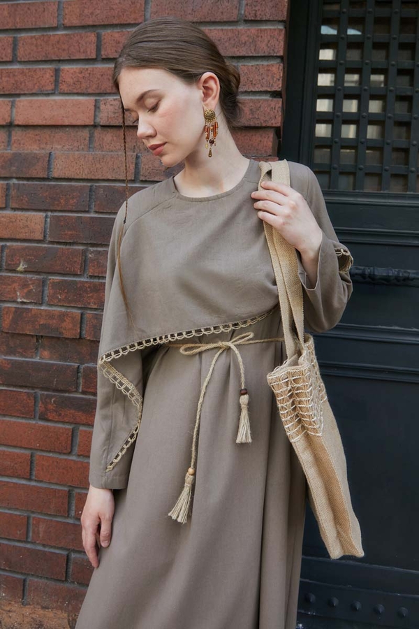 Wicker Trimmed Dilge Dress Taupe  - 2