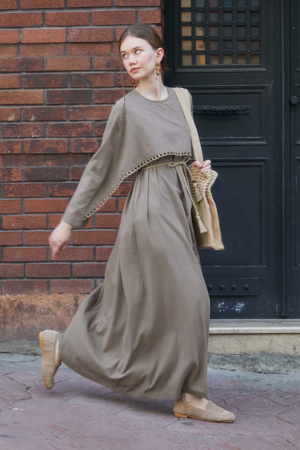 Wicker Trimmed Dilge Dress Taupe  - 5